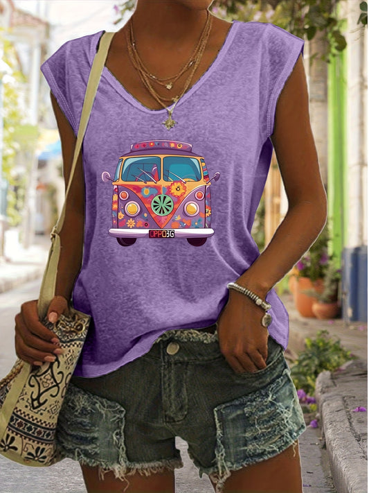Directional Women'S Simple V-Neck Hippie Rock Print Tank Top