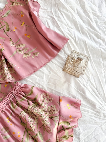 Women'S Printed Pajamas Set - Set (Including Robe, Short Suspender, Shorts And Skirt), Cherry Printed Pajamas, Loose, Soft And Comfortable