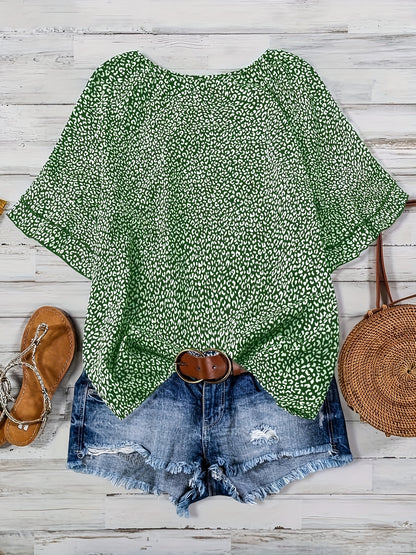 Plus Size Women's Boho Leopard Print Ruffle Sleeve Blouse - Asymmetrical Summer Top with Round Neck, Machine Washable Casual Vacation Shirt for Beach Outings & Warm Weather, Relaxed Setting Apparel, Nontransparent Fabric