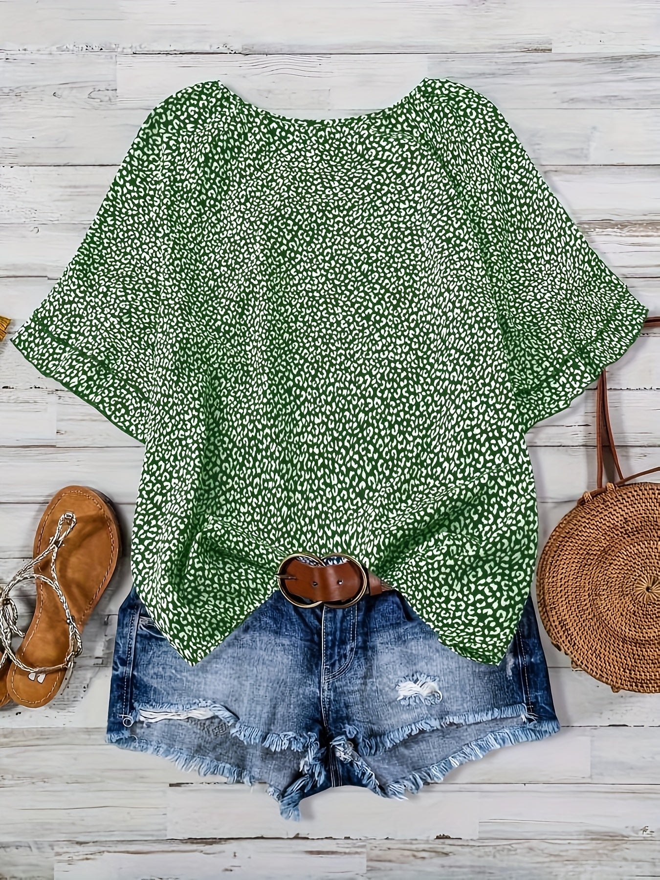 Plus Size Women's Boho Leopard Print Ruffle Sleeve Blouse - Asymmetrical Summer Top with Round Neck, Machine Washable Casual Vacation Shirt for Beach Outings & Warm Weather, Relaxed Setting Apparel, Nontransparent Fabric