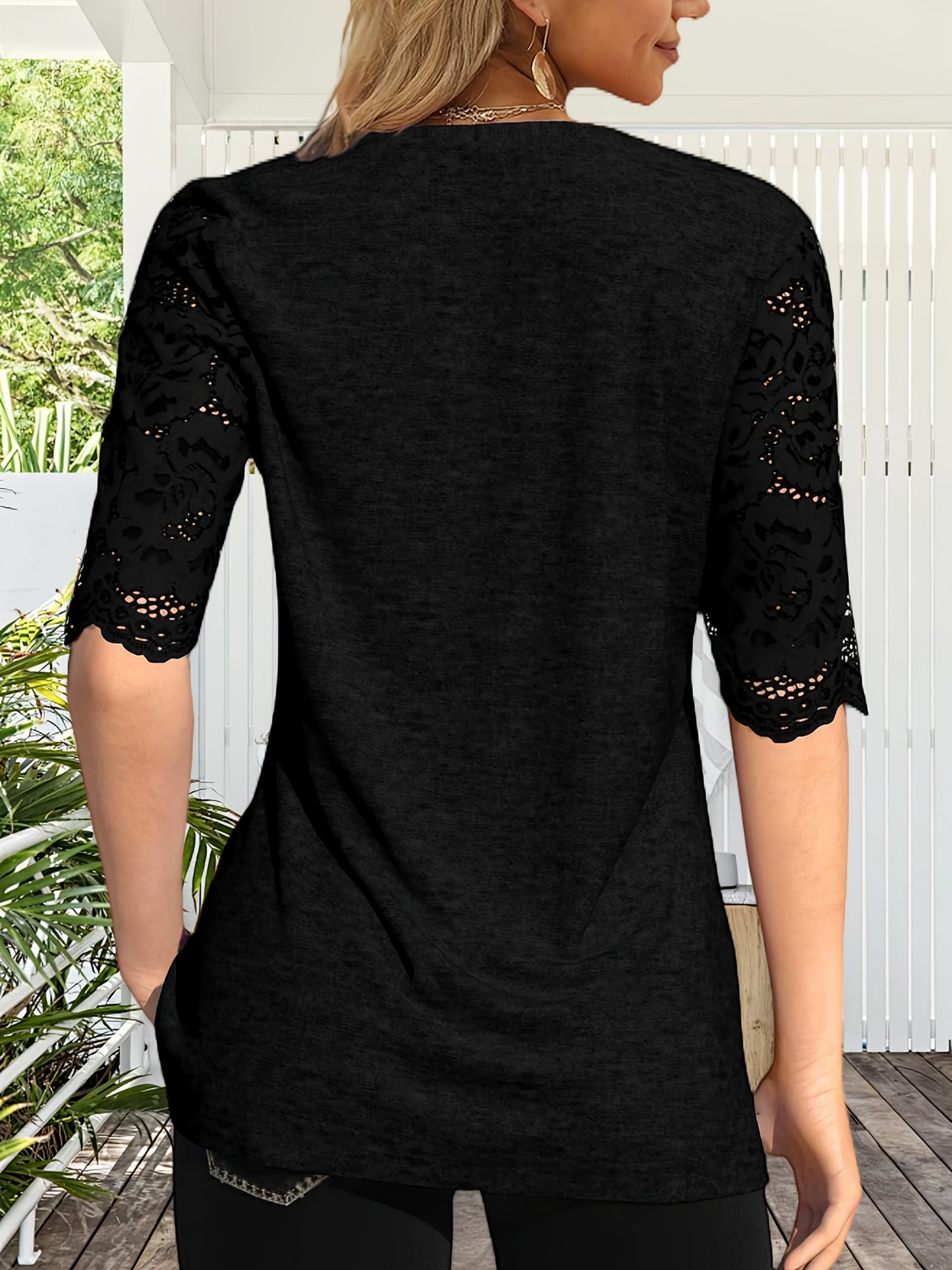Women's Summer Pleated Button Short Sleeve T-shirt Summer V-neck Solid Color Casual Top
