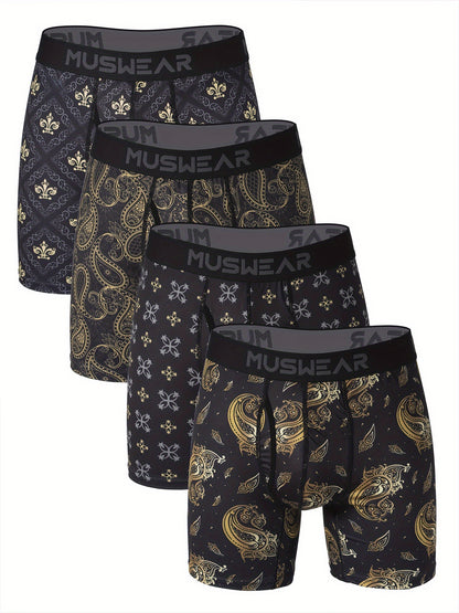 4pcs Men's Quick-Dry Boxer Briefs - Moisture-Wicking, Breathable with Side Openings, Baroque Print, Stretchy Polyester & Spandex Blend, Machine Washable