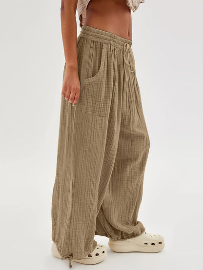 Autumn And Winter Women's Casual Pants, Khaki, Pockets, Wide Legs, Drawstring, Loose Fit, Everyday Commuting Wide-leg Pants.