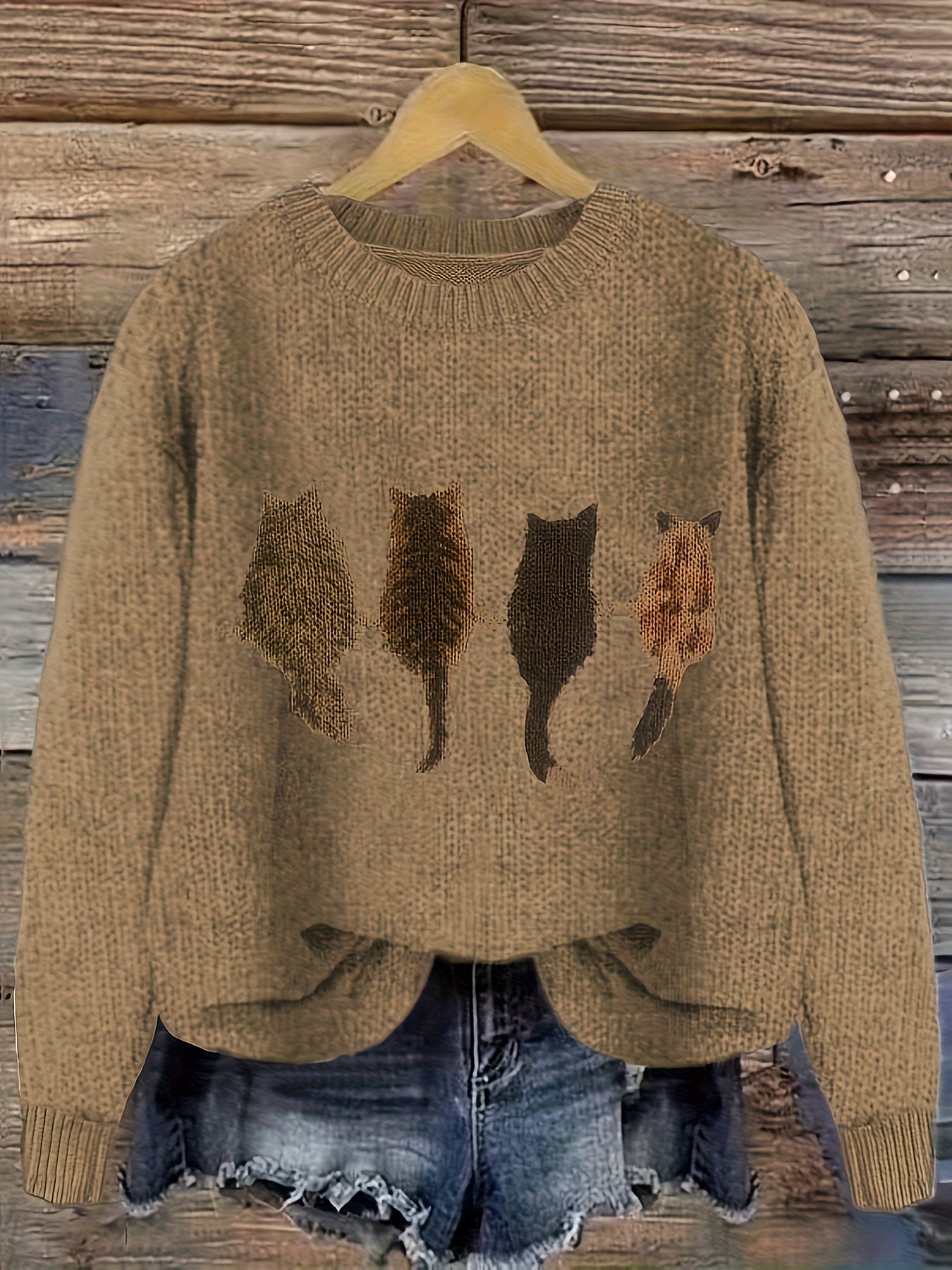 [Cozy Cat Sweater] Cozy Cable Sweater with Playful Cat Print | Women'S Beige & Brown, Loose Fit, Long Sleeve, Round Neck, Casual Spring And Autumn Top Ropa De Mujer Promotion Local Warehouse Discount