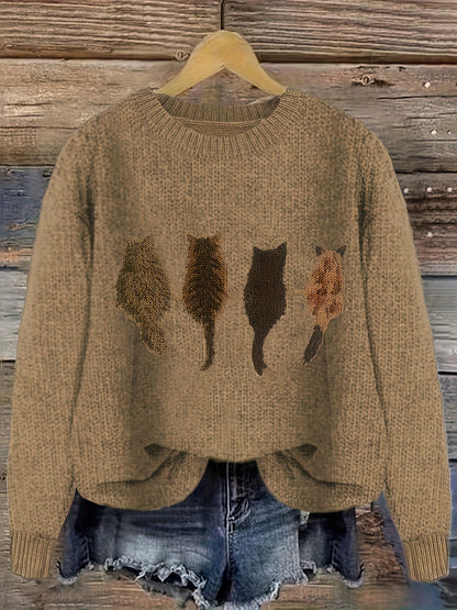 [Cozy Cat Sweater] Cozy Cable Sweater with Playful Cat Print | Women'S Beige & Brown, Loose Fit, Long Sleeve, Round Neck, Casual Spring And Autumn Top Ropa De Mujer Promotion Local Warehouse Discount