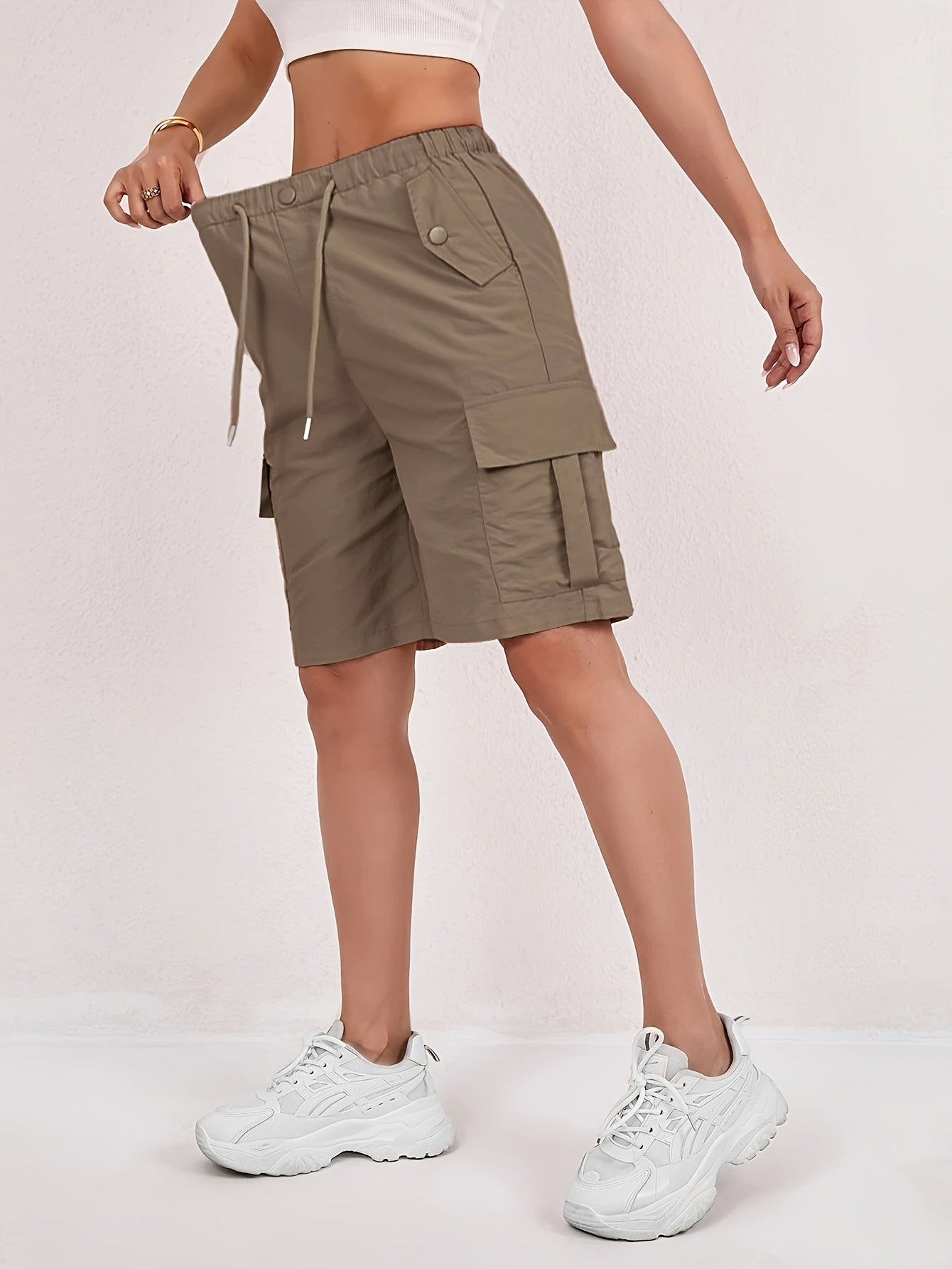 2pcs Women's American Workwear Cargo Shorts - Lightweight Straight-Leg with Multiple Pockets, Adjustable Drawstring Waist, Machine Washable Casual Mid-Thigh Length for Spring Summer Fall, Everyday Comfort, Functional Design, Durable Fabric