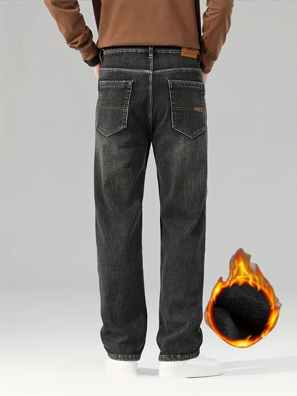 [HME] New Men'S Thickened Denim Trousers for Autumn And Winter. Heavily Washed And Naturally Polished, with Thickened Fleece Lining for Good Warmth Retention. Classic And Versatile Men'S Warm Winter Thick Jeans
