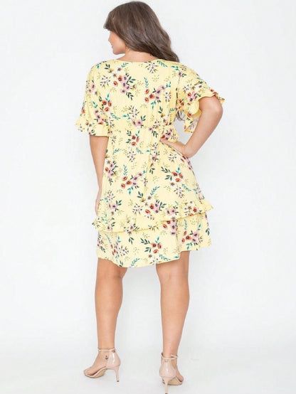 Vintage Boho Navy Pink Yellow White Charcoal Floral Ruffle flutter Trim Midi Dress S-3X