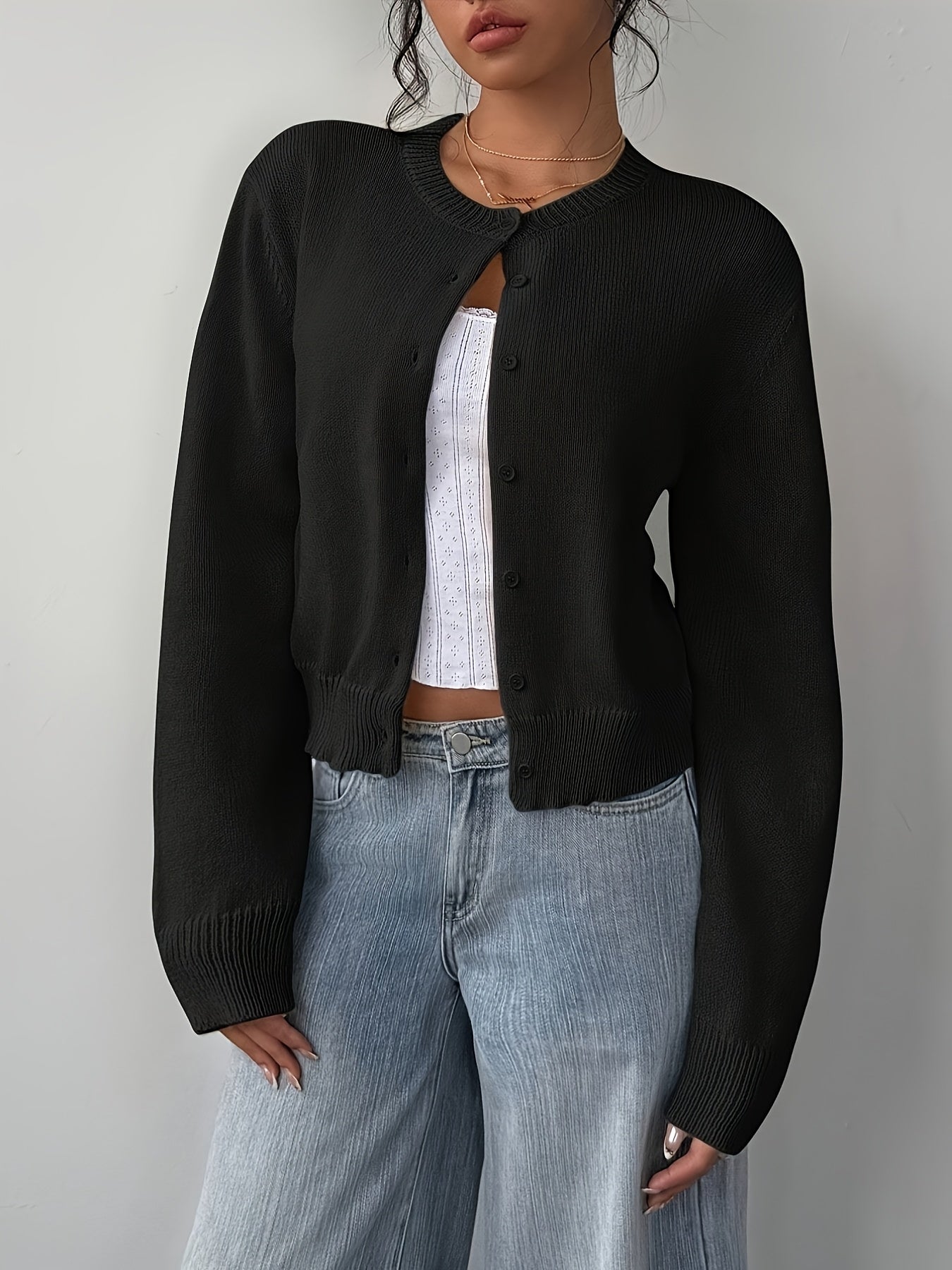Womens Local Warehouse New Arrivals, Spring Autumn Round Neck Button Cardigan, Elegant Noble Ladies Cropped Long Sleeve Tops, Soft Slim Fit Casual Daily Outerwear, Ropa De Mujer Fashion Female Clothes Discount Promotion