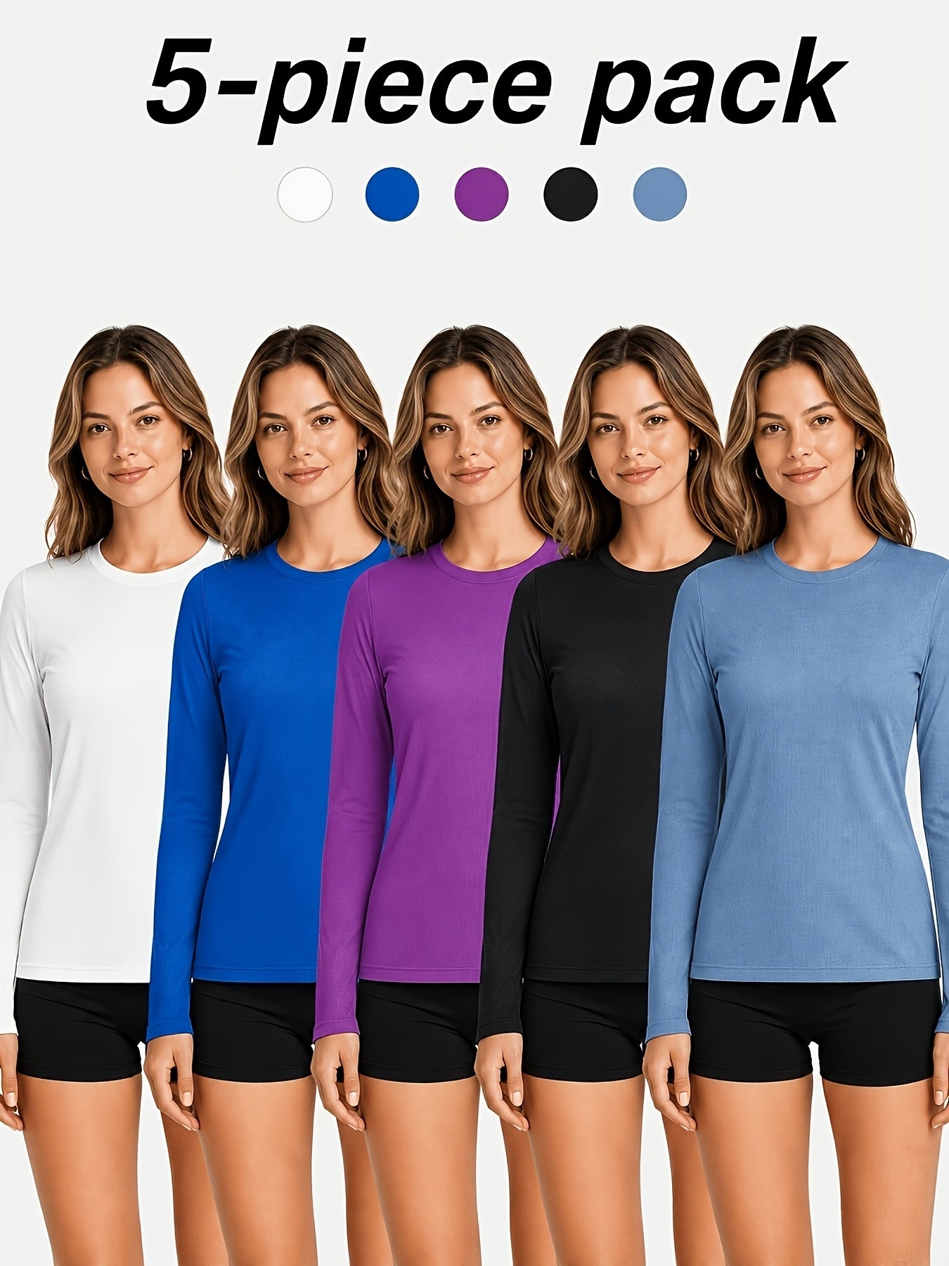 5pcs Women'S Long Sleeve T-Shirts - High Stretch, Moisture-Wicking & Breathable, Five Color Options for, Outdoor - Four Seasons Collection, Shirts, Wear, Solid Color Top, Breathable Fabric
