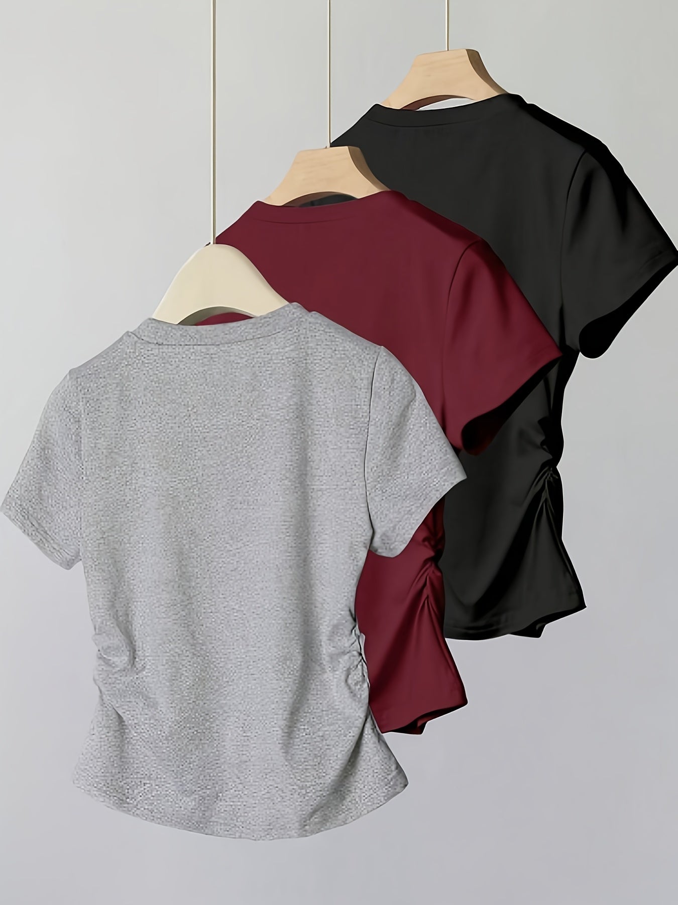 3pcs Pleated Round Neck Short Sleeve Bow Print Casual Versatile T-Shirt Top