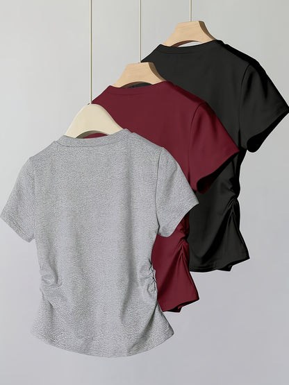 3pcs Pleated Round Neck Short Sleeve Bow Print Casual Versatile T-Shirt Top