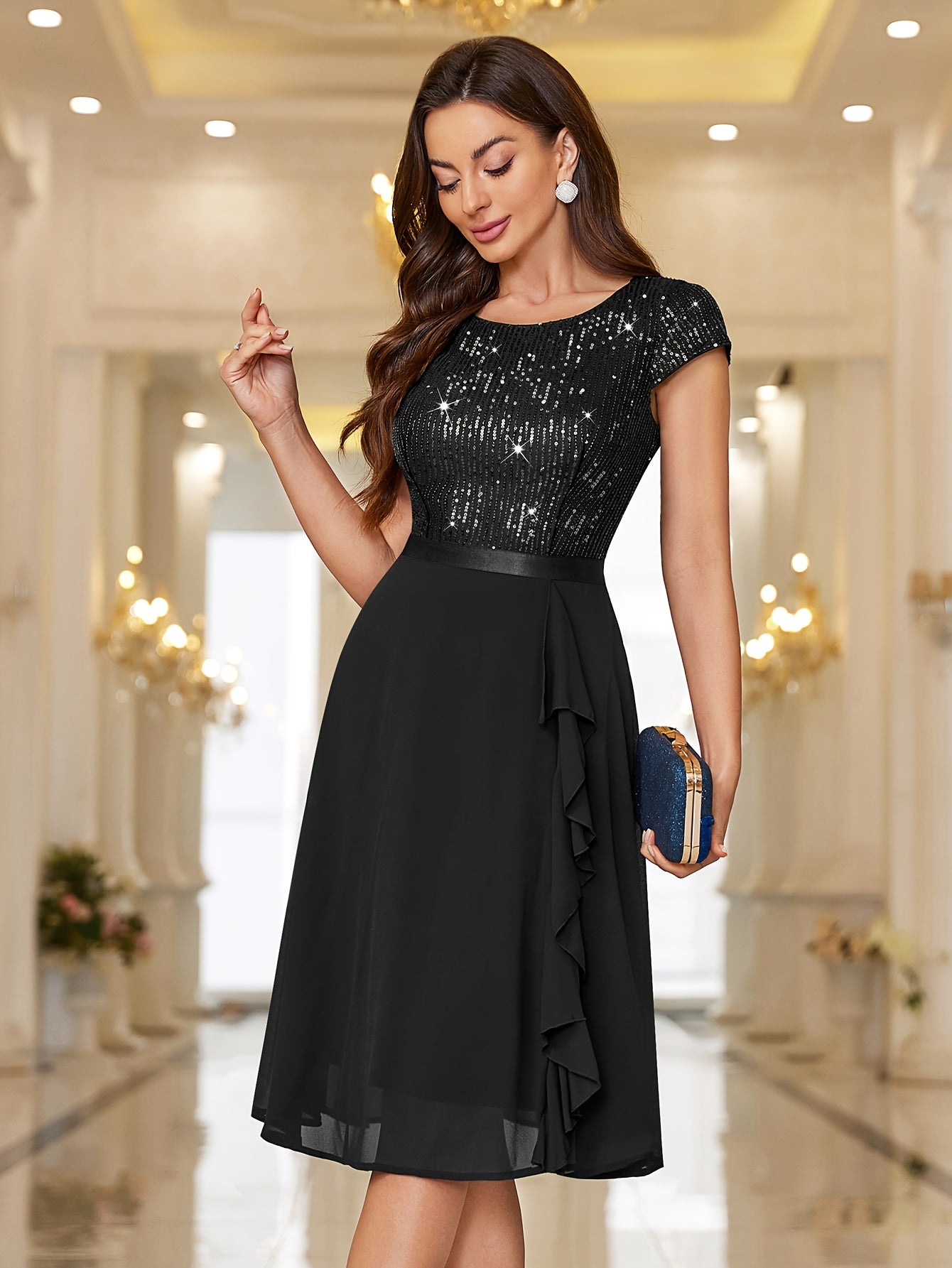 Y82016 Elegant Women's Glitter Sequin Chiffon A-Line Bridesmaid Dress with Cap Sleeves & Ruffled Hem - Sparkling Wedding Party Dress for Bridesmaids, Prom, Birthday, Formal Evening Gown - Machine Washable Chiffon