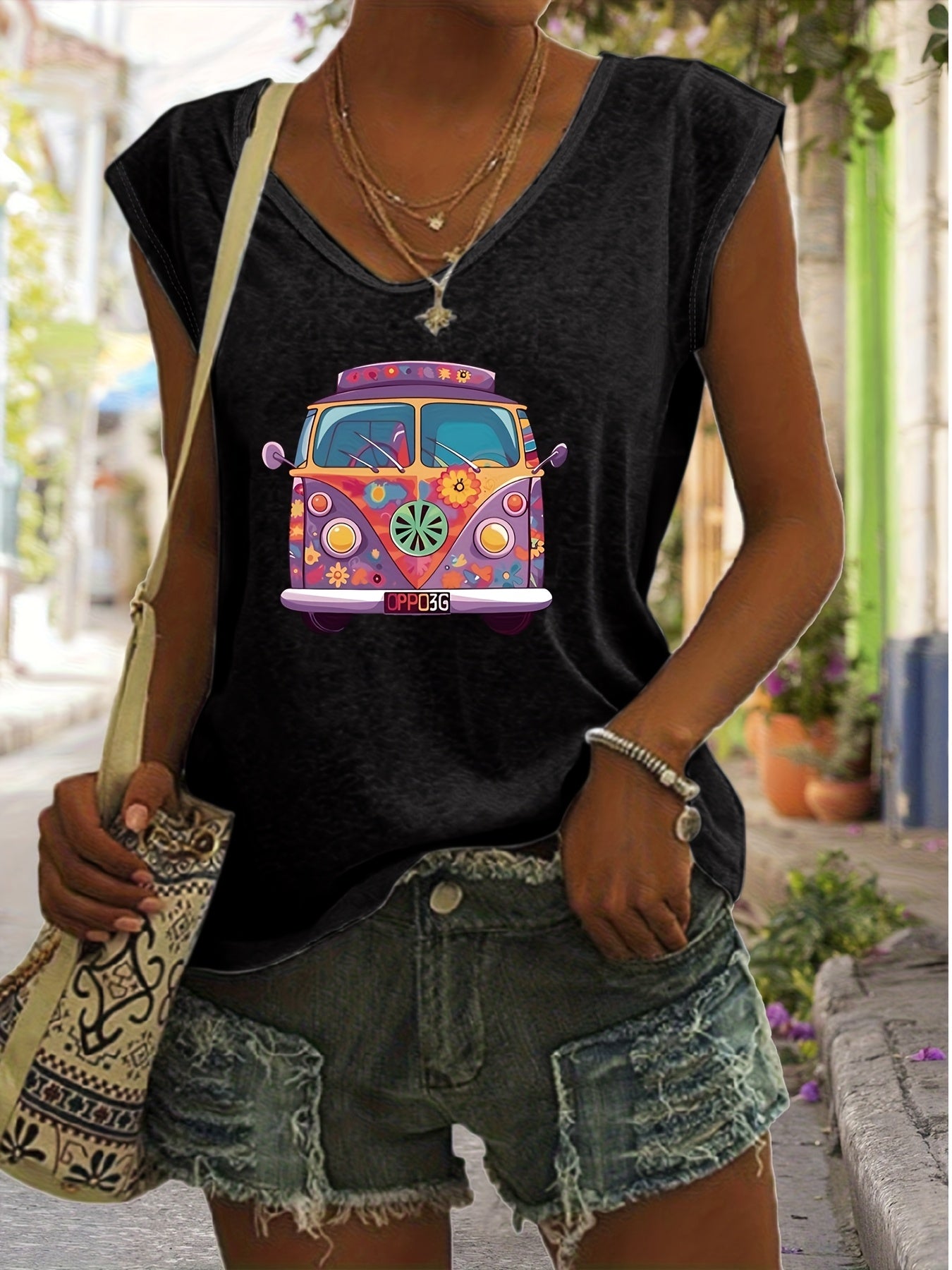 Directional Women'S Simple V-Neck Hippie Rock Print Tank Top