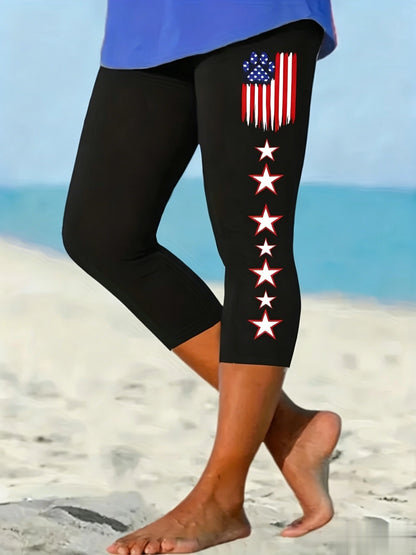Women'S High-Waisted Patterned Leggings- Features a Stretchable American Flag Design, Casual, Elastic, Slim-Fit, Geometric Pattern, Machine Washable, Leggings, Apparel