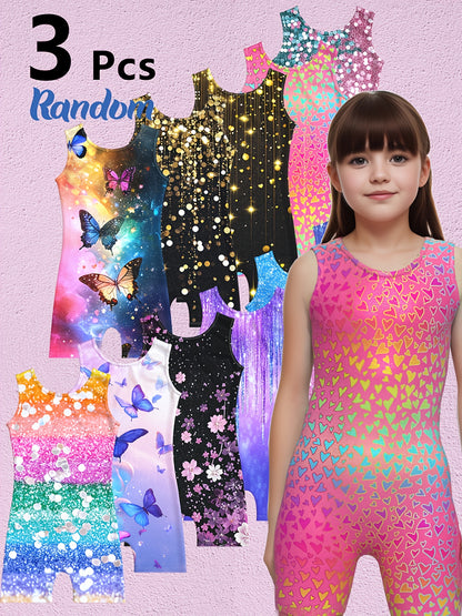 3pcs [Athletic Jumpsuit] Athletic Sleeveless Jumpsuit | Girls Gymnastics Practice Performance Leotards Outfit Youngsters Clothes