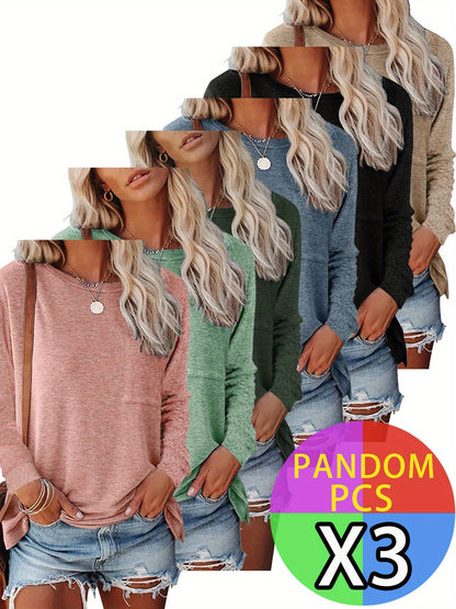 3 Long-Sleeved Solid-Color Round-Neck T-Shirts for Women with A Pocket on The Chest, Side Slits at The Hem, Tightened Cuffs, Made of Soft Material, Easy And Versatile, Suitable for Commuting And Going Out. 3 Random Colors of Women'S Top