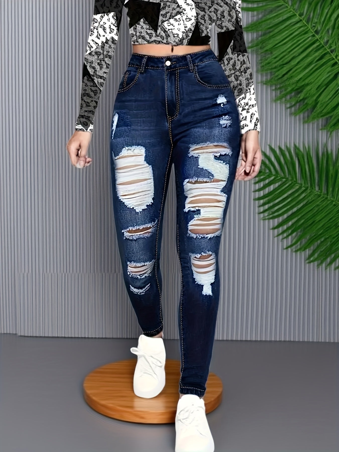 Ladies High Rise Distressed Skinny Jeans, Dark Blue Stretch Denim, Ripped Frayed, Casual Streetwear Night
