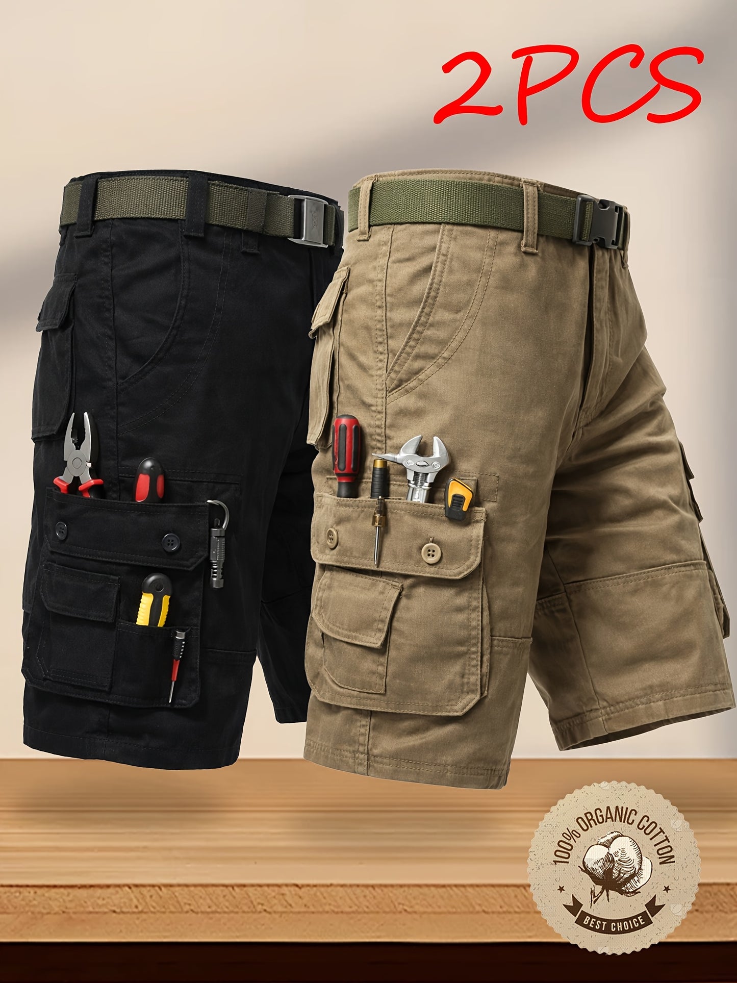 2-Pack Men'S New Multi-Pocket Work Shorts, 100% Pure Skin-Friendly And Breathable Fabric, Running, Travel, And Hiking Shorts, Wrinkle-Resistant And Durable Shorts