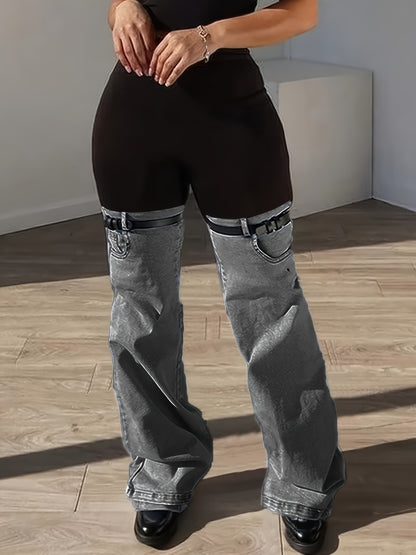 Women'S High Waist Two Tone Patchwork Flare Pants, Black Slim Fit Leggings with Light Wash Denim Bell Bottom Legs And Adjustable Buckle Strap Design for Y2K Streetwear, Perfect for Retro Streetwear Looks
