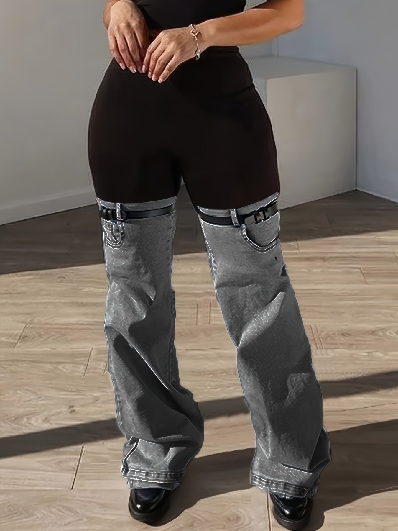 Women'S High Waist Two Tone Patchwork Flare Pants, Black Slim Fit Leggings with Light Wash Denim Bell Bottom Legs And Adjustable Buckle Strap Design for Y2K Streetwear, Perfect for Retro Streetwear Looks