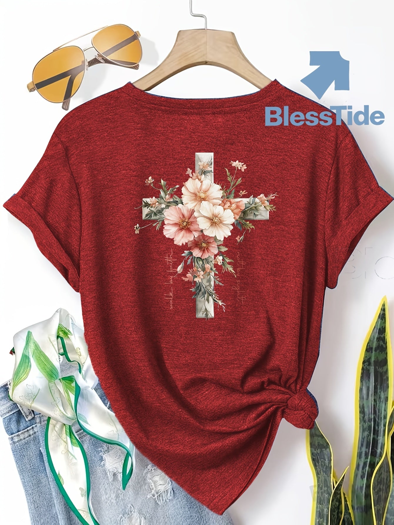 Jesus Floral Cross Double-Sided Print T-shirt - Stylish Faith-Inspired Design for Casual Wear, Perfect for Christian Women, Trendy and Comfortable -blend T-shirt with Double-sided Print