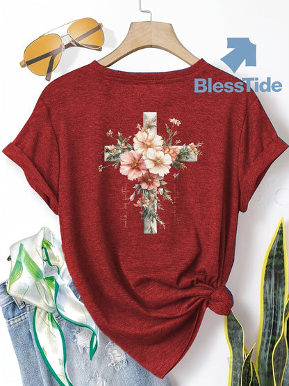 Jesus Floral Cross Double-Sided Print T-shirt - Stylish Faith-Inspired Design for Casual Wear, Perfect for Christian Women, Trendy and Comfortable -blend T-shirt with Double-sided Print