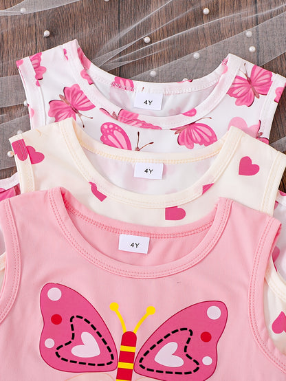 3pcs Cute Girls' Sleeveless Pink Dress Set with Butterfly And Heart Prints | Spring/Summer, Knitted Fabric, Regular Fit