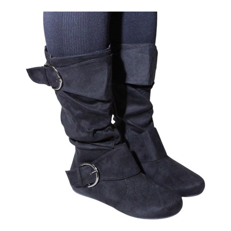 Women's Closed Round Toe Buckle Slouch Flat Heel Mid-Calf Boot