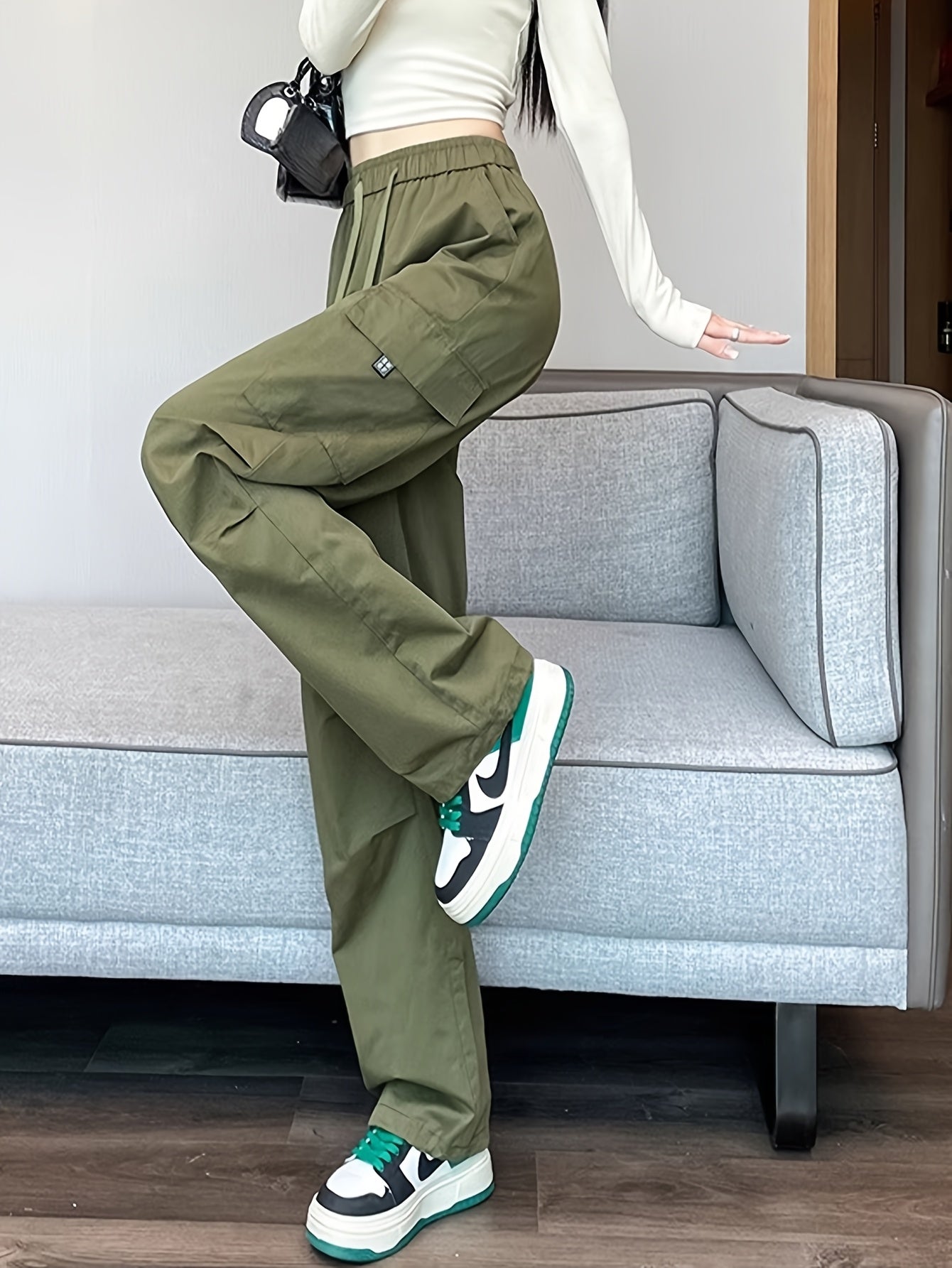 Women&Apos;S Olive Green Cargo Pants - Casual Flap Pockets, Wide-Leg Design, Machine Washable, Spring/Fall Versatile Trousers for Casual Attire, Spring Fall Attire | Relaxed Fit Pants | Nonelastic Fabric