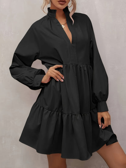 Casual V-Neck Long-Sleeve Tunic Dress for Women with a Loose Fit And Ruffled Tiers for Fall