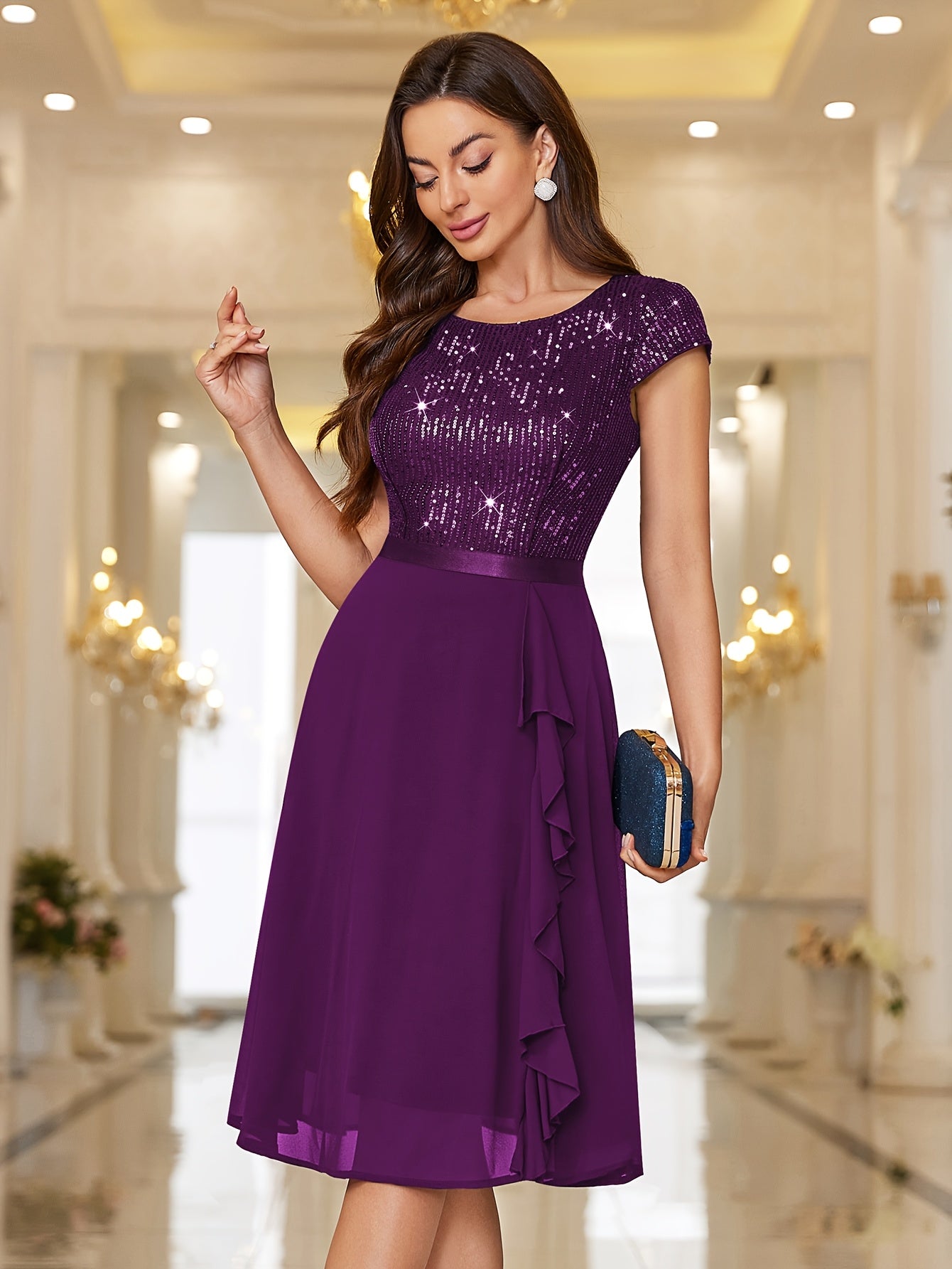 Y82016 Elegant Women's Glitter Sequin Chiffon A-Line Bridesmaid Dress with Cap Sleeves & Ruffled Hem - Sparkling Wedding Party Dress for Bridesmaids, Prom, Birthday, Formal Evening Gown - Machine Washable Chiffon