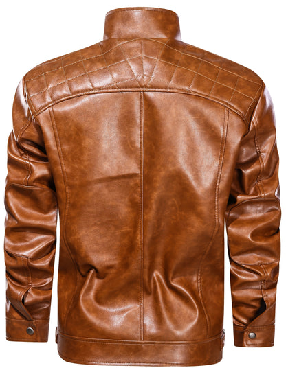 Men's Stand Collar PU Leather Jacket Lightweight Faux PU Leather Motorcycle Casual Jacket