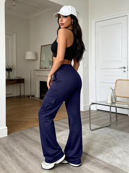 Women'S Functional Flare Cargo Pants, High Waist Elastic Drawstring Bootcut Leggings With Multi-Pockets, Stretchy All-Purpose & Casual Pants