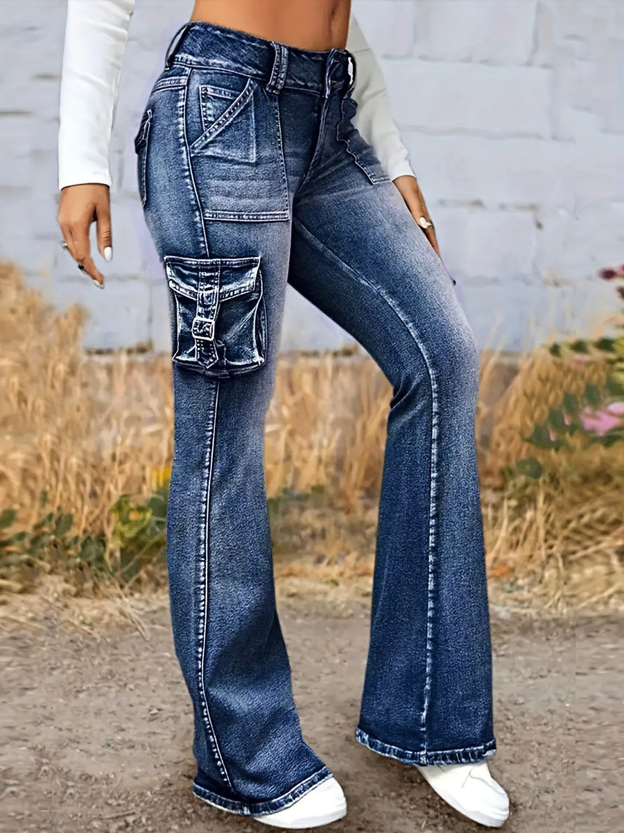 Elastic Women's Retro Low-waist Jeans, Tight Work Pants, Fashionable And Casual, With Flip Covers And 7 Pockets
