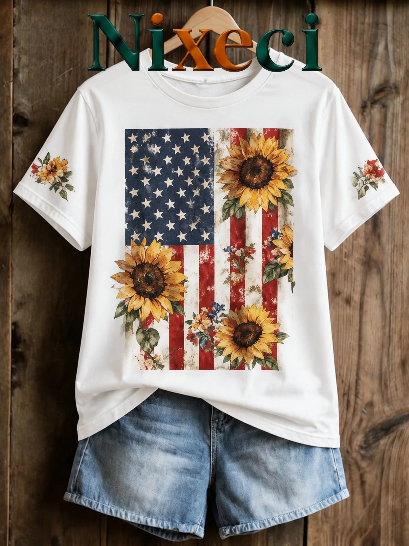Nixeci Brand Men's Novelty Sleepwear Flag Sunflower Floral Graphic Cotton T-Shirt, Casual Graphic Tee for Summer Outfit, Streetwear Casual Attire, Trending Gift Idea