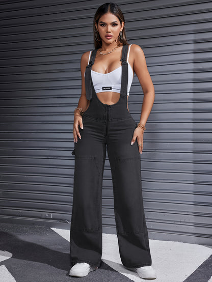 Women'S Clothing For Autumn And Summer, Women'S Summer Wear, Women'S Denim, Overalls, Adjustable Shoulder Straps, Loose Straight Legs, Wide-leg Denim Jumpsuits, Loose Jumpsuits
