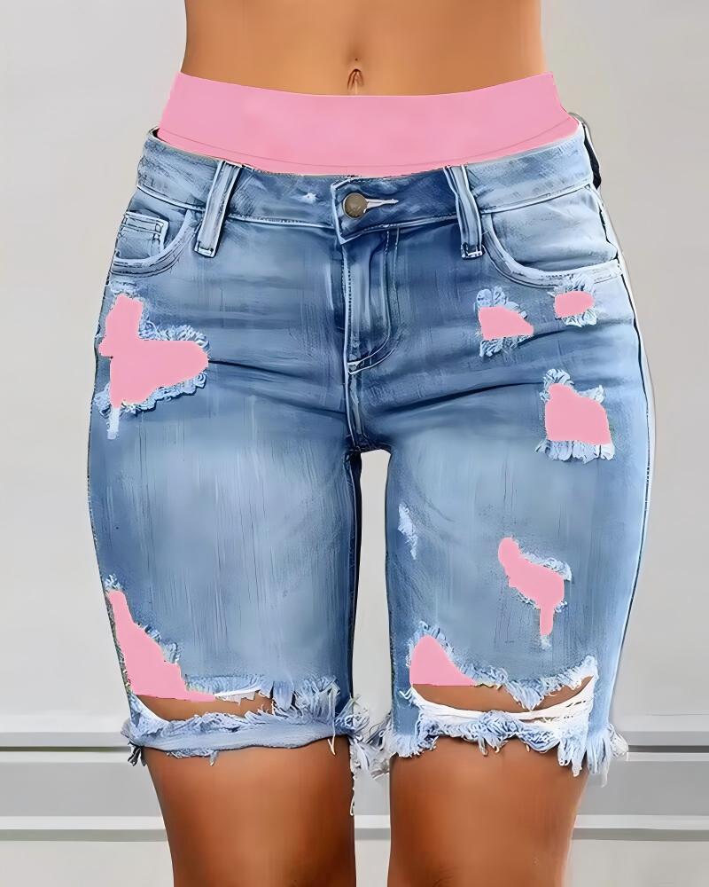 Denim Shorts, Color Block Printed Ripped Shorts/w Fitness Running Shorts
