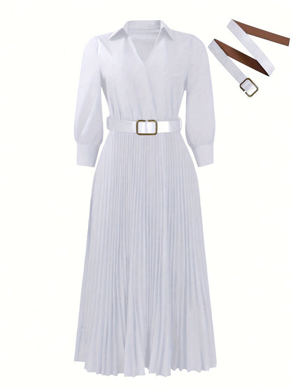 Women's Dress, 3/4 Sleeve Flared A Line, Casual Semi Formal with Belt, Wedding Guest Office Lady