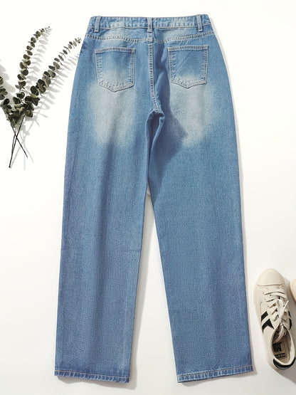 [Plus Size Denim Pants] Women's Plus Size Denim Clothing Multi-Breasted Casual Loose Autumn And Winter Straight Pants