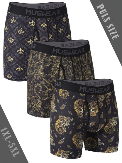 Set of 3 MUSWEAR Men'S Plus Size Boxer Briefs - Designed to Wick Moisture, Dry Quickly, Featuring a Long Print for Sports, Equipped with a Side Zipper, in a Baroque Design, Available in Plus Sizes