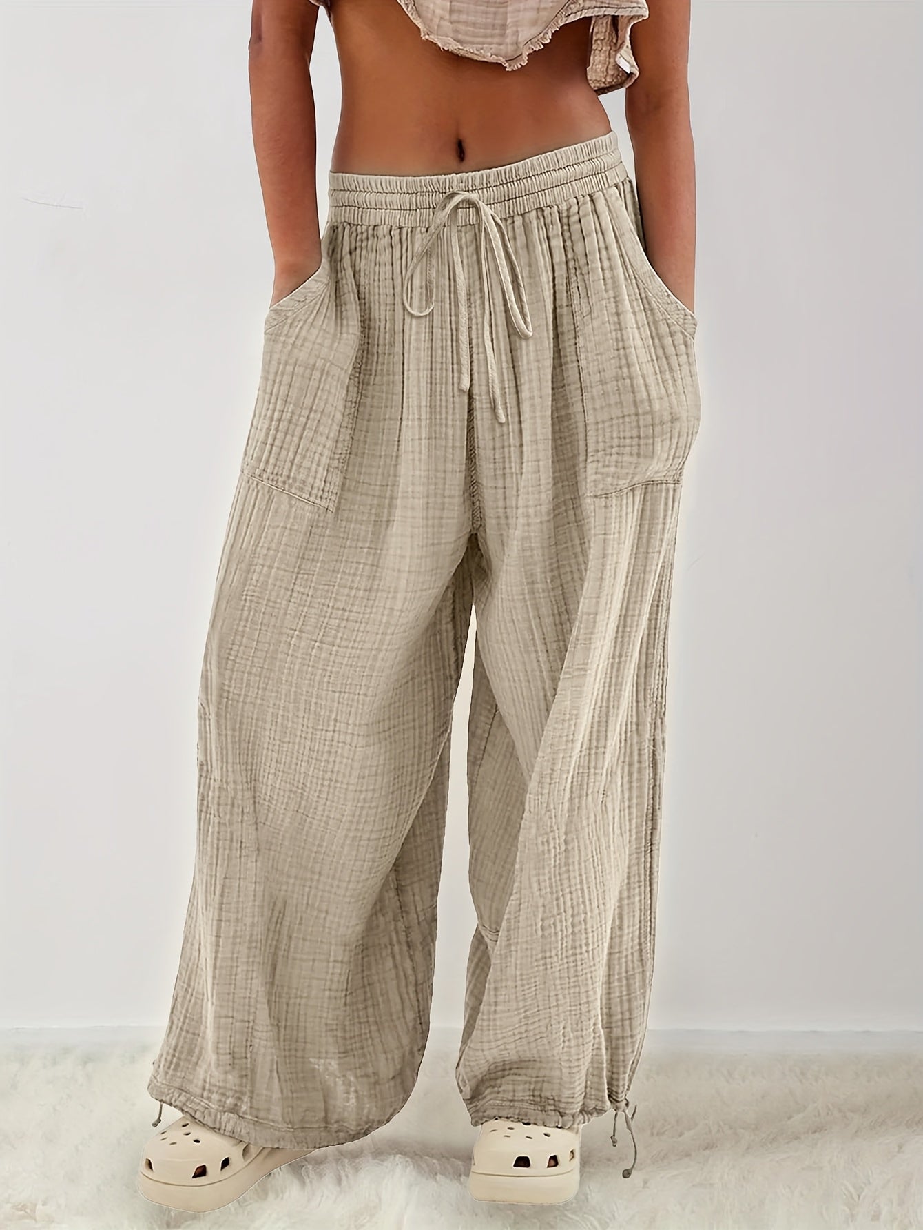 Autumn And Winter Women's Casual Pants, Khaki, Pockets, Wide Legs, Drawstring, Loose Fit, Everyday Commuting Wide-leg Pants.
