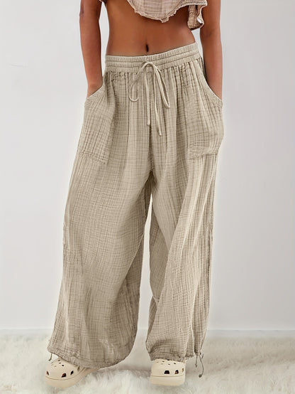 Autumn And Winter Women's Casual Pants, Khaki, Pockets, Wide Legs, Drawstring, Loose Fit, Everyday Commuting Wide-leg Pants.