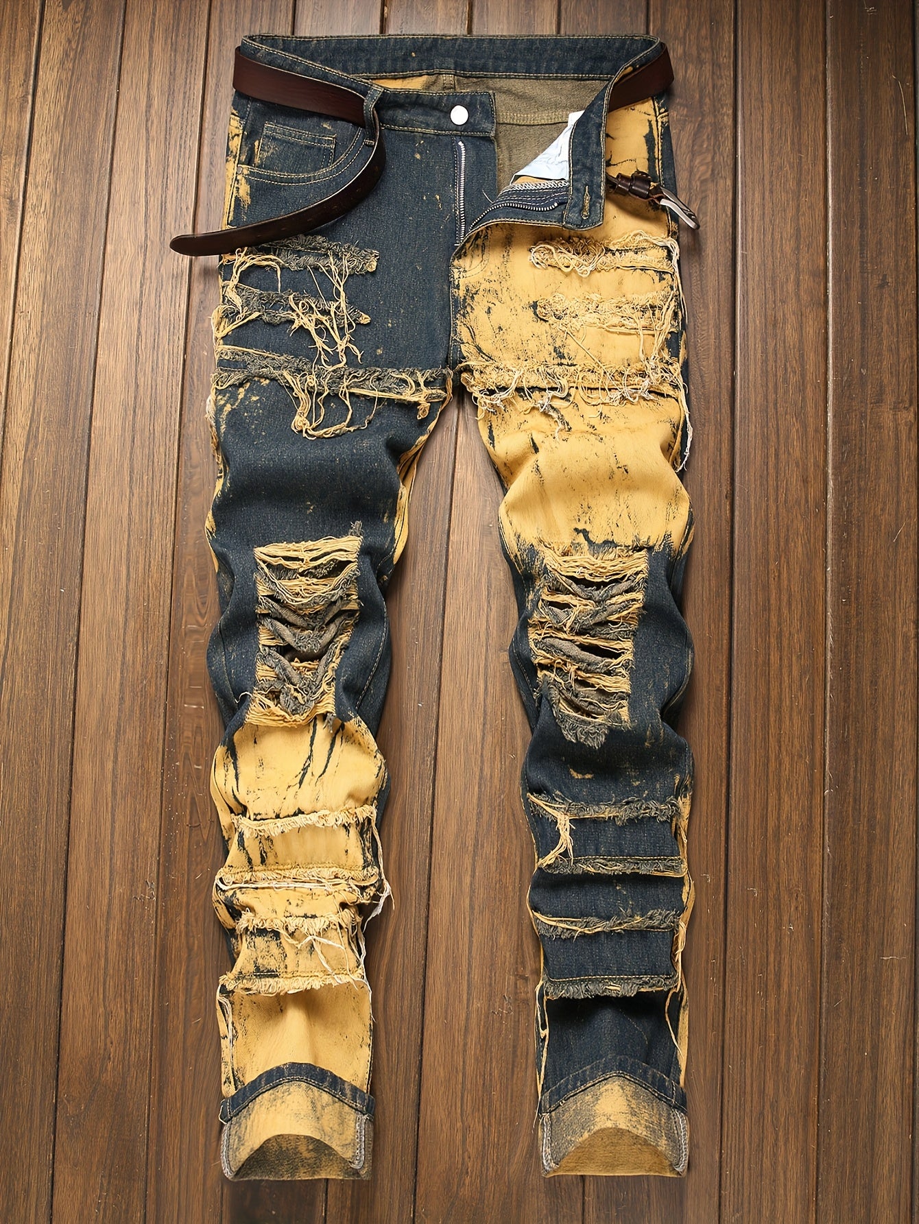 Fashion Trends Stacked Multi-post Fabric Tassels Holes Irregular Tie Flower Splashed Ink Jeans Casual Men's Trousers