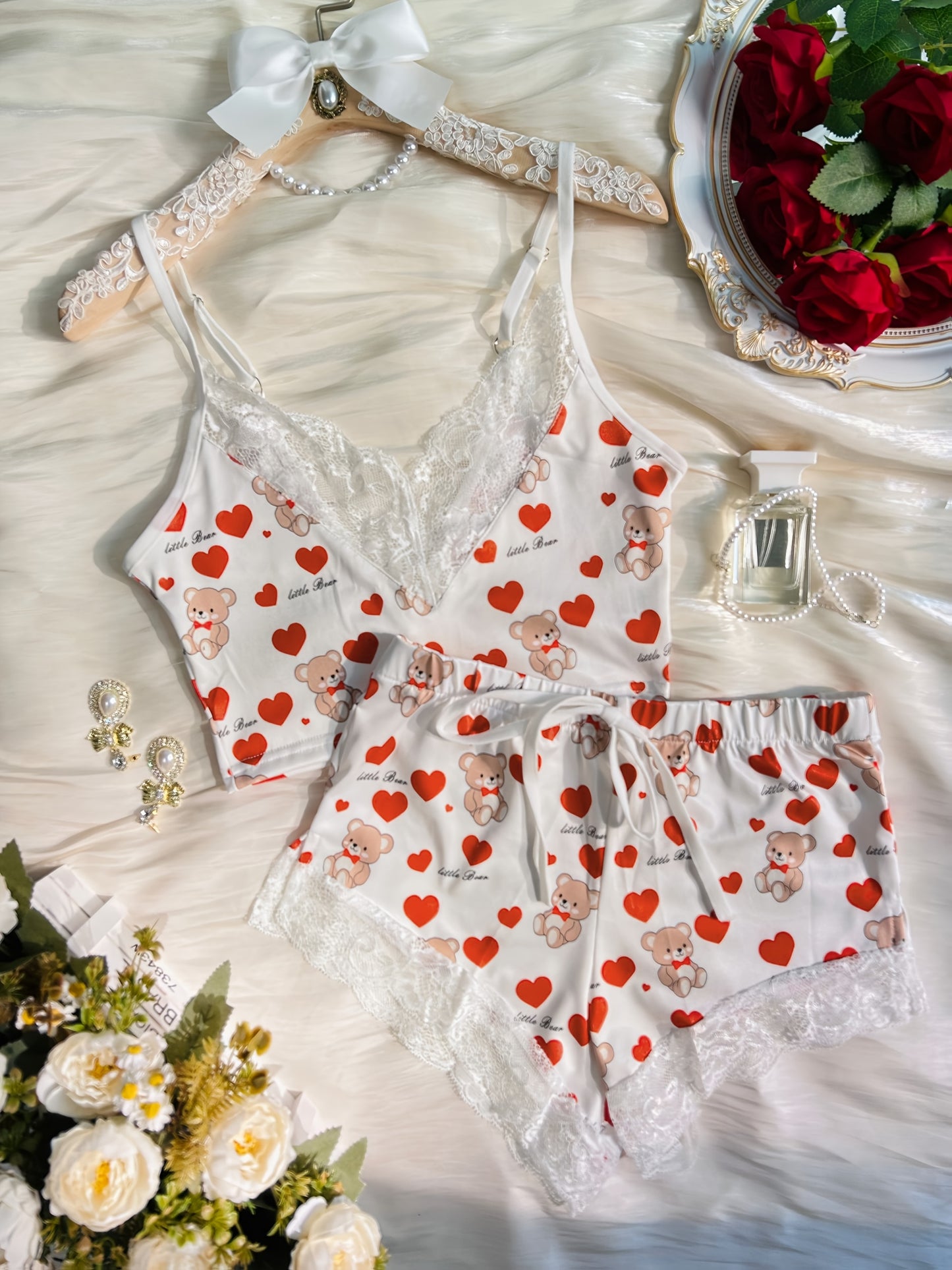 Contrast Color Lace Stitching Plaid Love Print V-neck Bilateral Side Open Backless Skin-friendly Soft Home Casual Pajamas Set