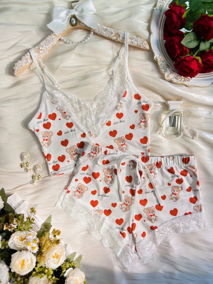 Contrast Color Lace Stitching Plaid Love Print V-neck Bilateral Side Open Backless Skin-friendly Soft Home Casual Pajamas Set