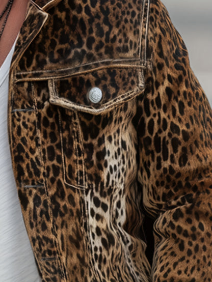 Men'S Slim-Fit Heavy-Duty Denim Jacket with Leopard Print Collar & - Oversized Workwear Coat, Golden-Tone Buttons, Belt Loops & Pocket Details - Casual to Formal Outerwear (Machine Washable) - Mature Men'S Fashion