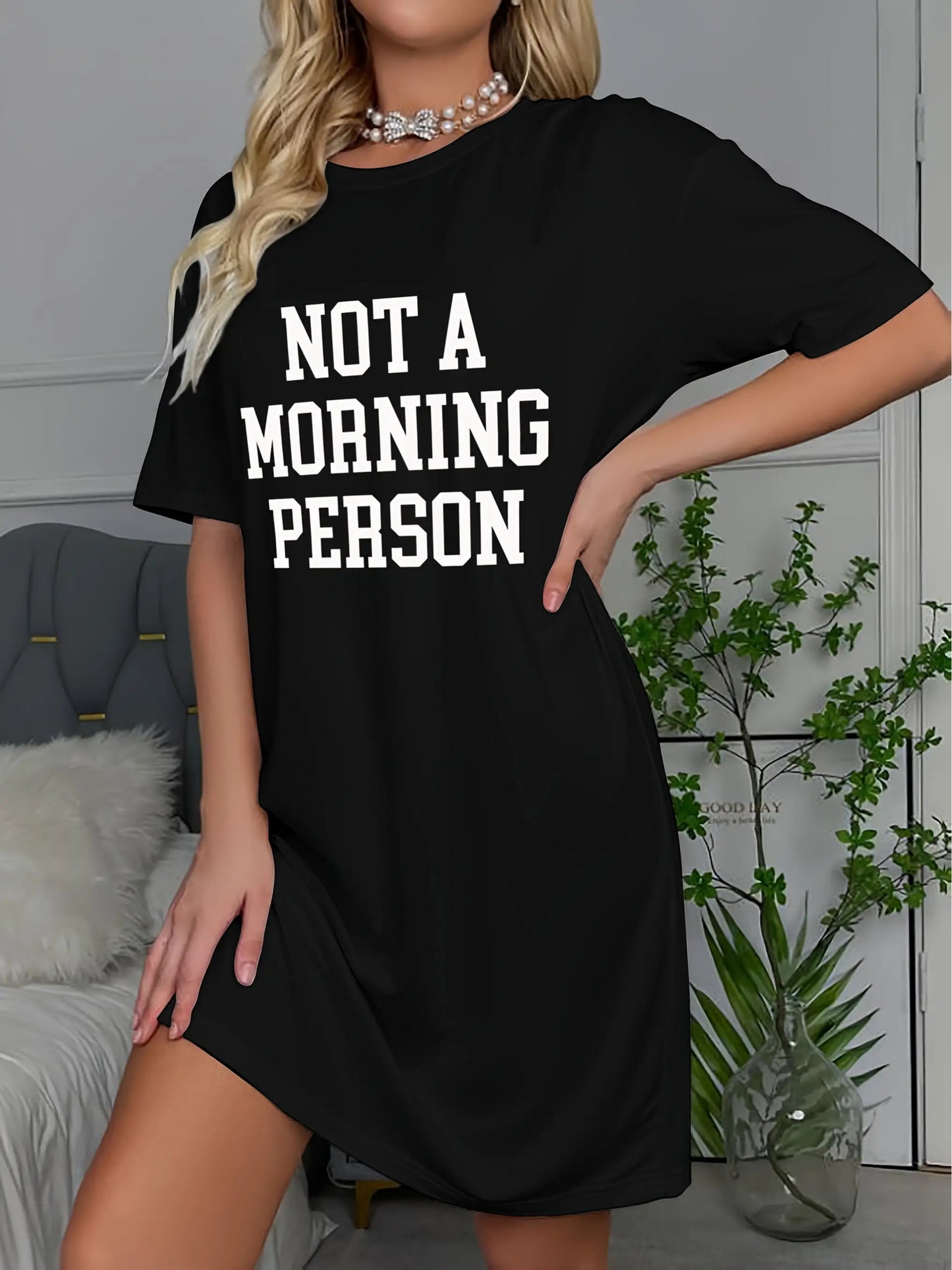 Not an Early Bird Slogan Printed Comfortable Women's Short Sleeve Round Neck T-Shirt Pajamas- Casual Pajamas, Machine Washable Polyester Blend