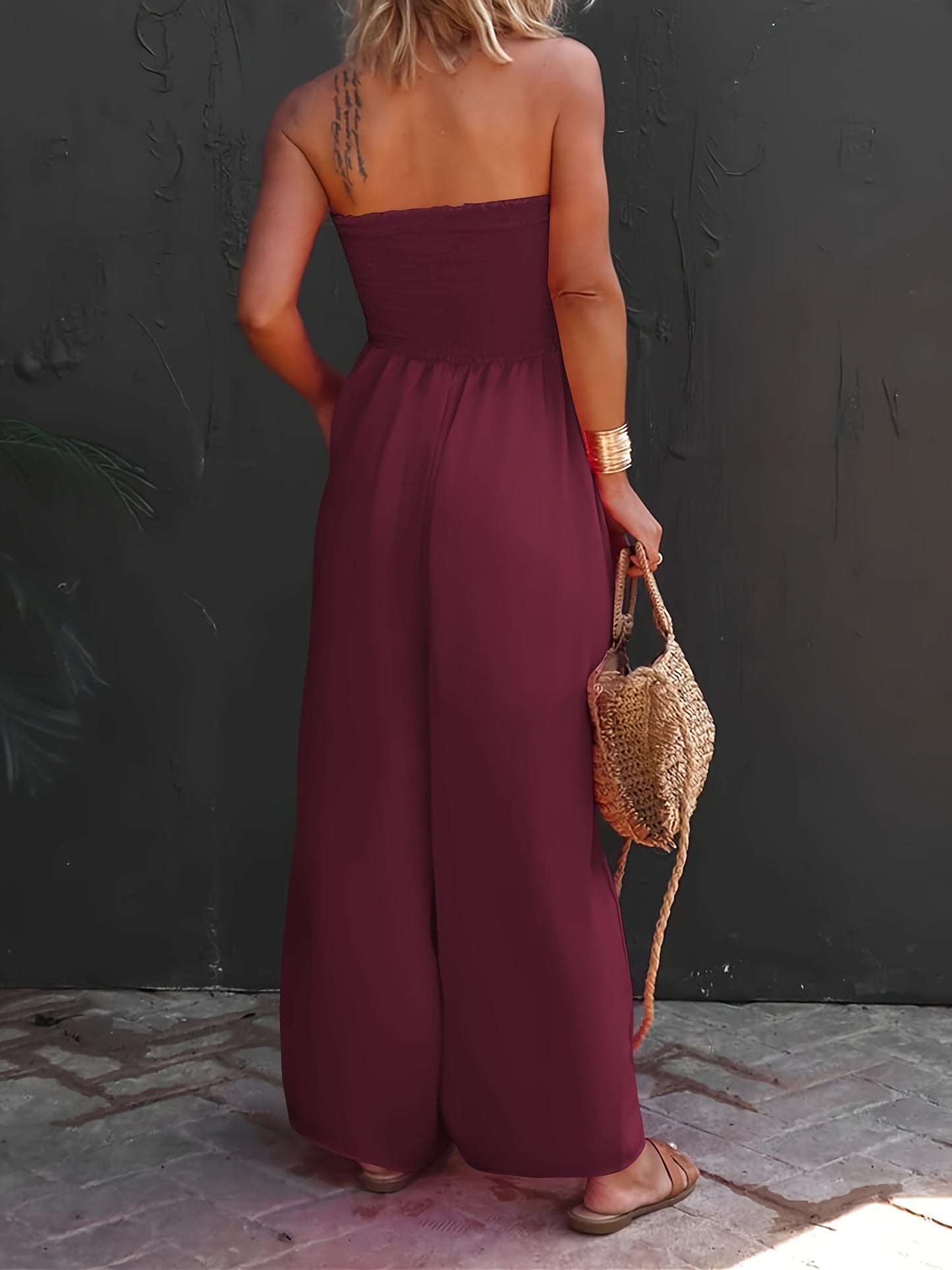 Womens Sleeveless Strapless Wide Leg Jumpsuits Summer Casual Loose Smocked Chiffon Jumpsuit Rompers with Pockets