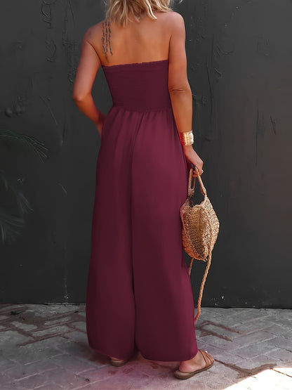 Womens Sleeveless Strapless Wide Leg Jumpsuits Summer Casual Loose Smocked Chiffon Jumpsuit Rompers with Pockets